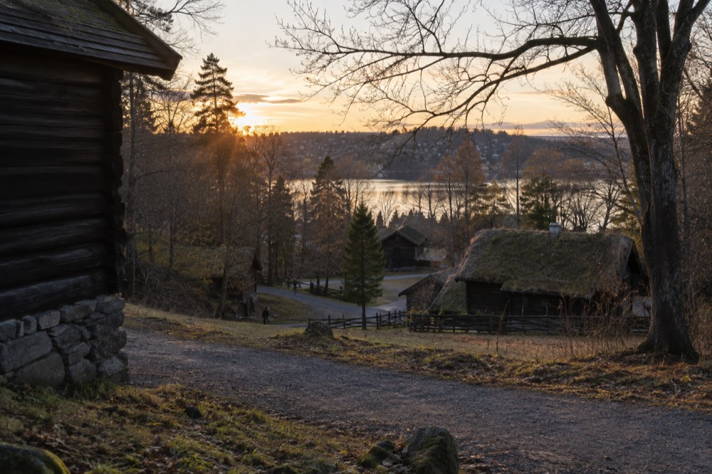 Museum buildings and trees seen across a bay of the Oslofjord at golden hour
