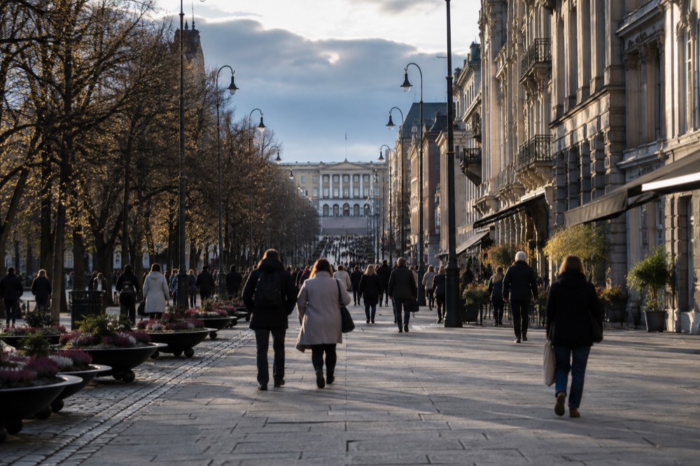 Karl Johans gate pedestrian street with the Royal Palace visible in the distance