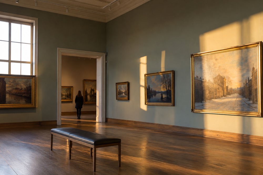 Quiet gallery room with wooden floor and framed paintings on the wall
