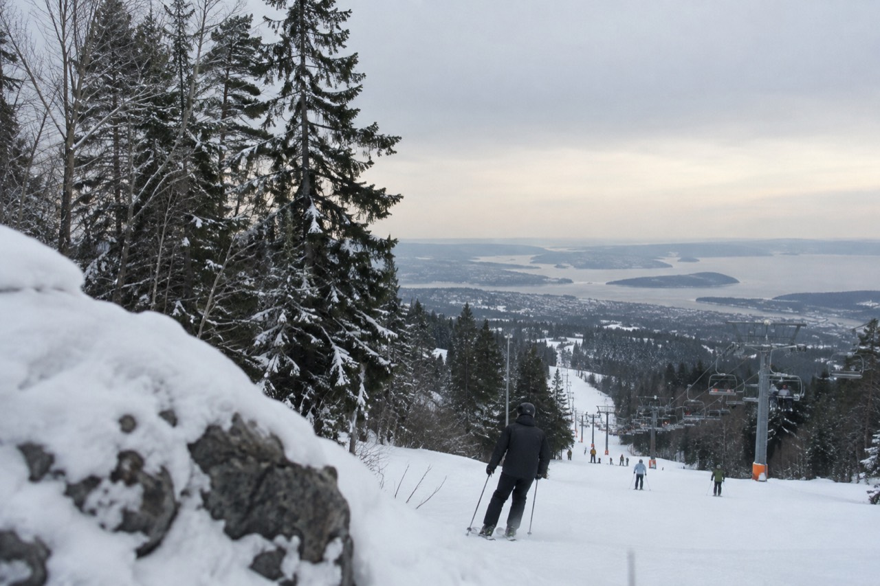 Skied slopes and lift towers on a forested hill above Oslo under a pale winter sky