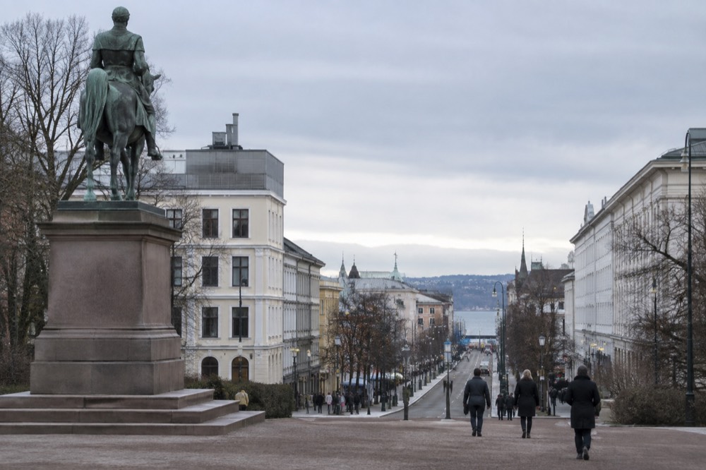 The Palace Square in Oslo with the equestrian statue and the main street leading toward the harbor