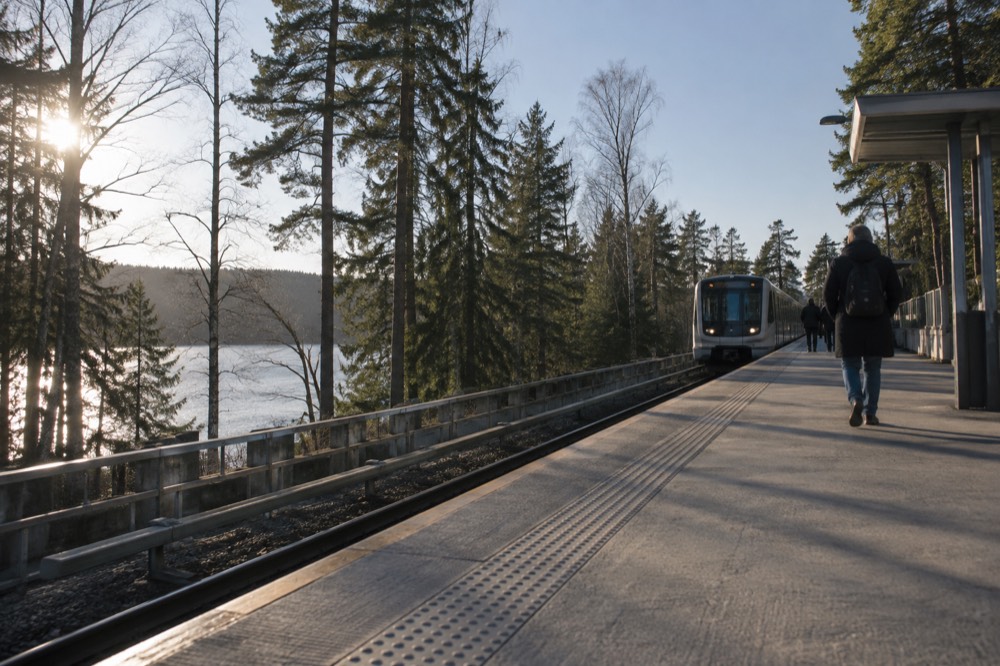 A metro station platform at the edge of a forest with a lake visible beyond the trees