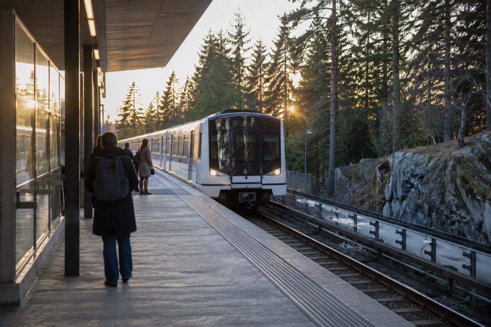 A metro train arriving at a forest-edge station with pine trees behind the platform