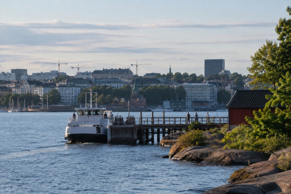 A small ferry at a wooden island pier with rocky shoreline and summer houses