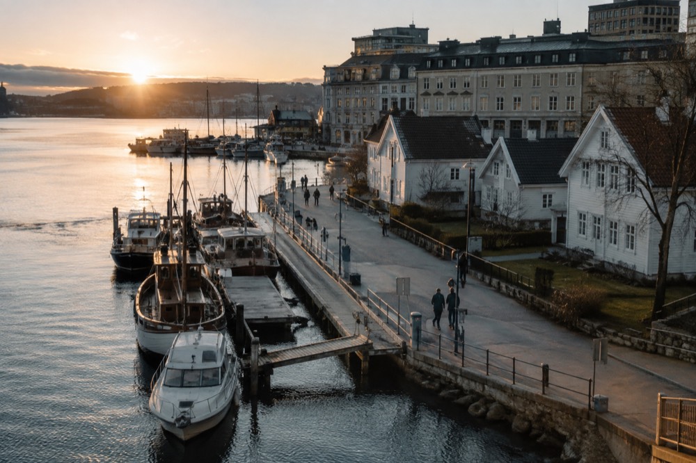 White wooden houses along a small-town waterfront with boats moored at a pier