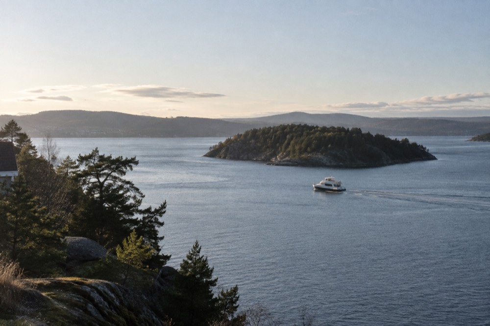 A small passenger boat crossing open fjord water toward a wooded island