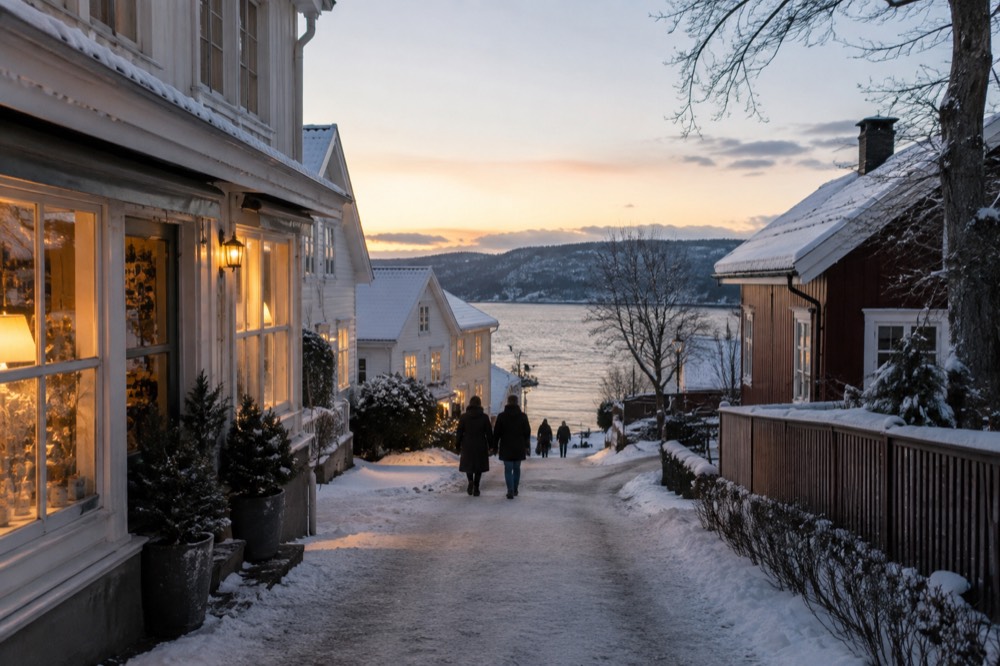 A small town street with snow on rooftops and warm light in shop windows at dusk