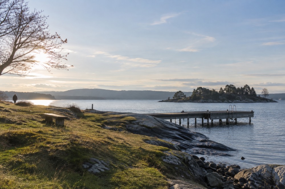 A grassy island shoreline with smooth rocks at the water's edge and a wooden jetty