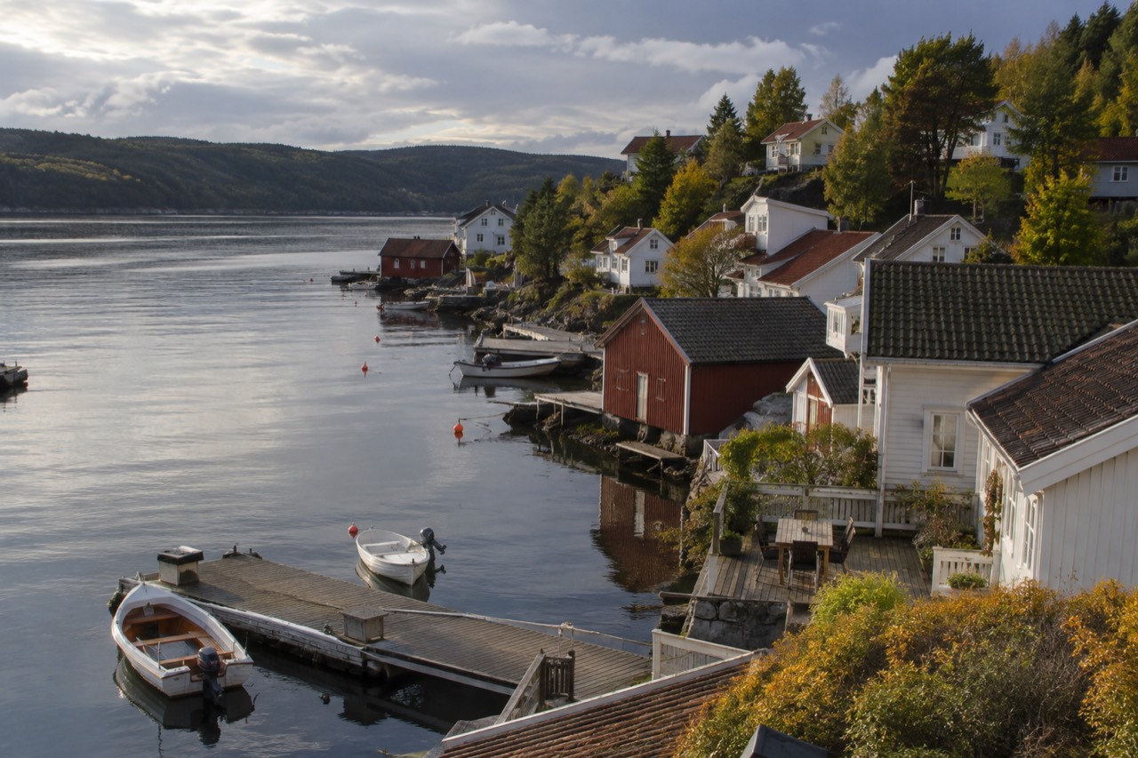Wooden houses along the shoreline of a small fjord town with calm water and forested hills behind