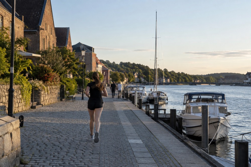 Riverside promenade with moored small boats and brick buildings behind