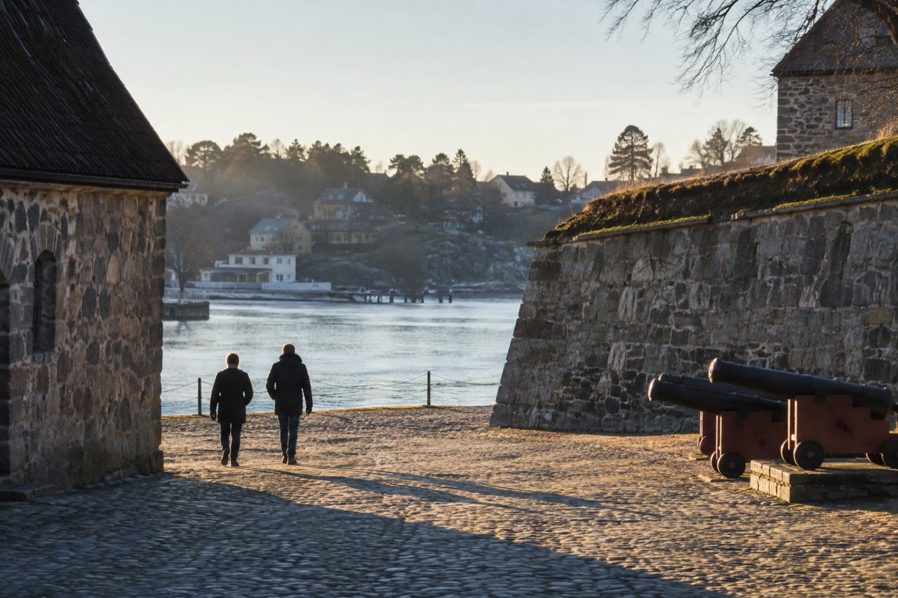Old fortified town walls and cobblestone square beside a river in Fredrikstad