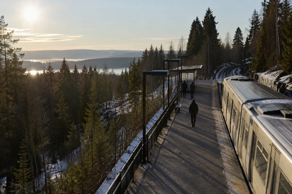 Metro station platform at a forested hilltop above Oslo