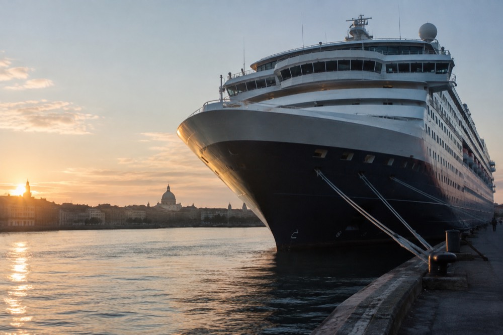 A large overnight cruise ferry moored at a city pier in Oslo with the harbor water calm in evening light