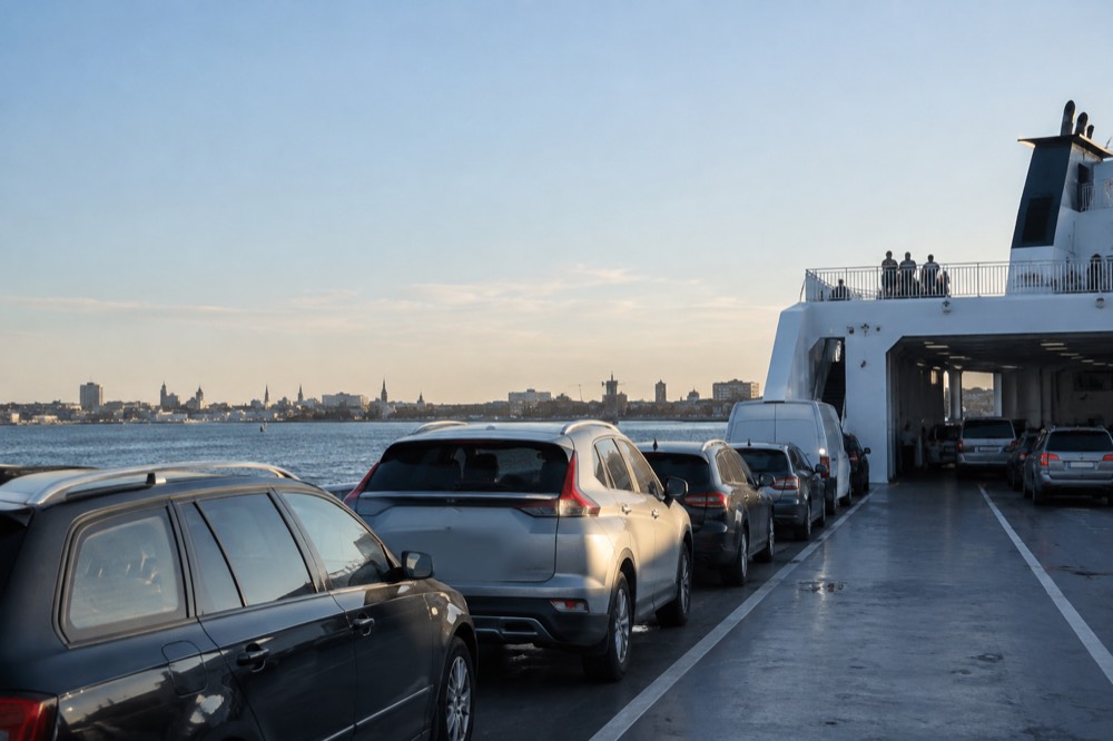 The vehicle deck of a ferry with cars parked in rows and painted lane markings