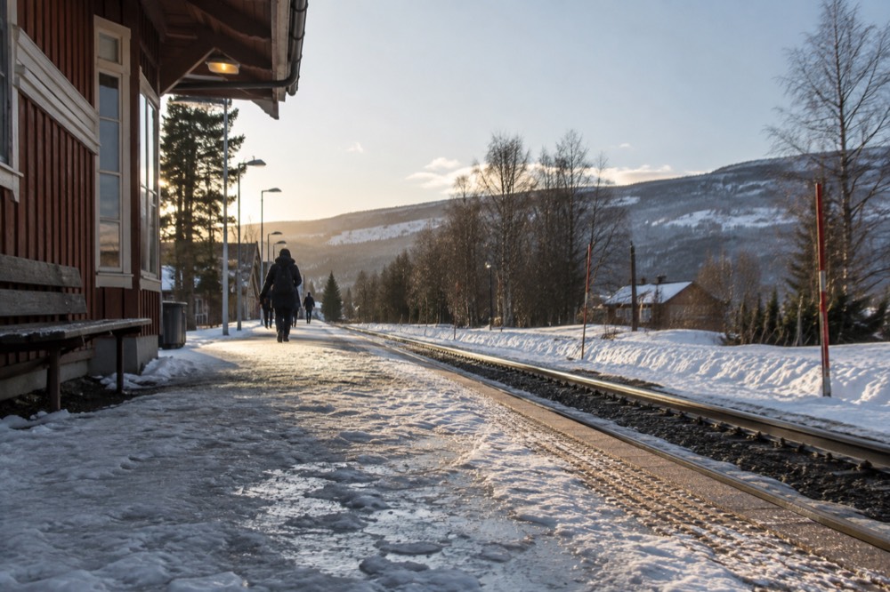 A country railway platform with a small station building and snow poles beside the track