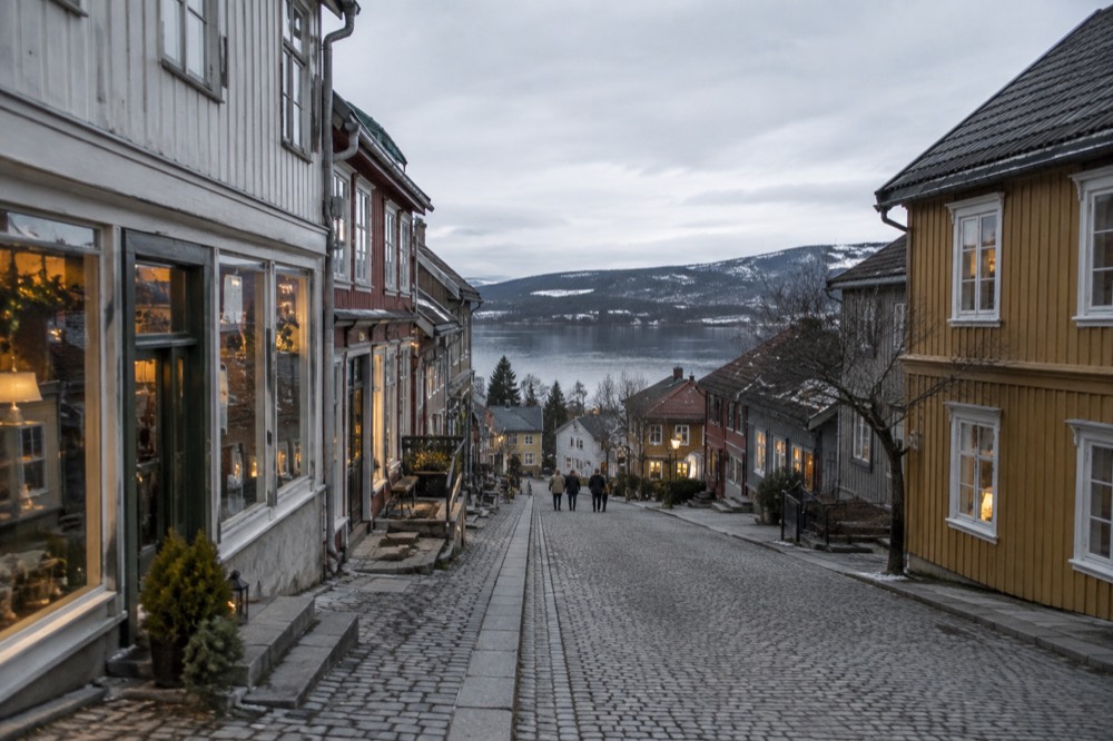 A historic wooden town street with shopfronts and a view down towards a lake