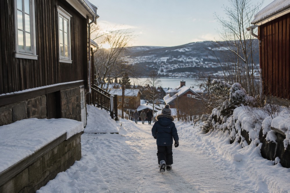 A child in winter clothing walking a snowy path between wooden buildings