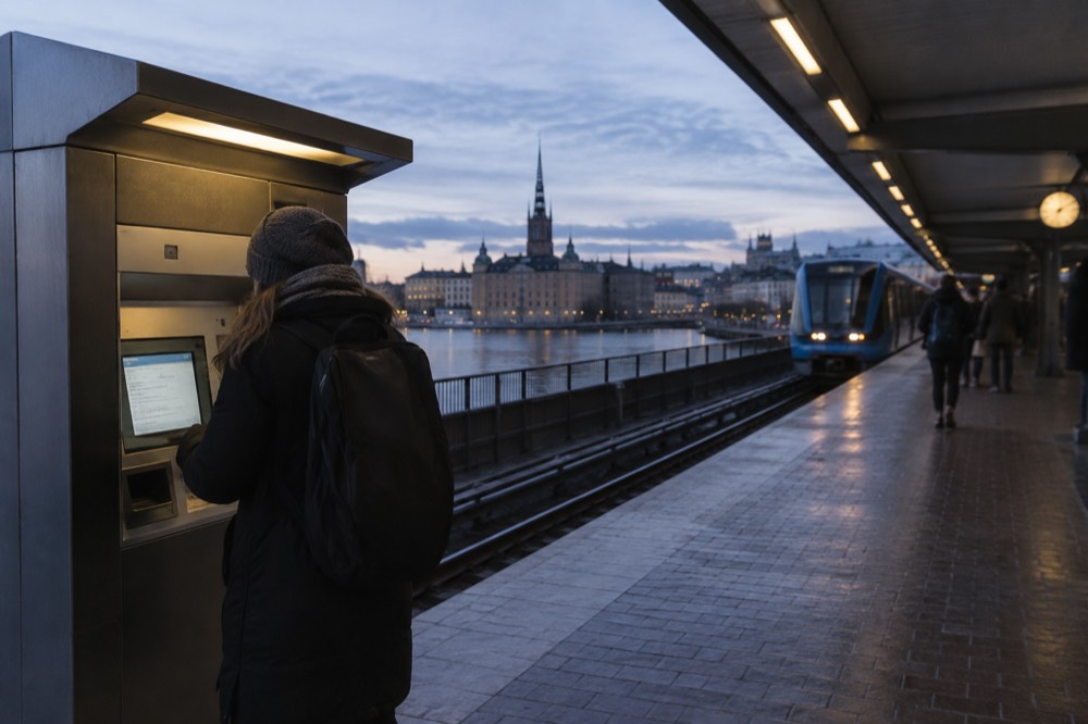 Traveller buying a ticket at a station machine with a timetable board behind