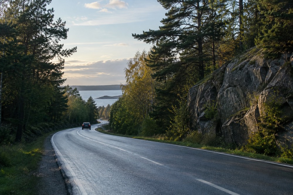 Quiet two-lane road through pine forest on the way to the Swedish border