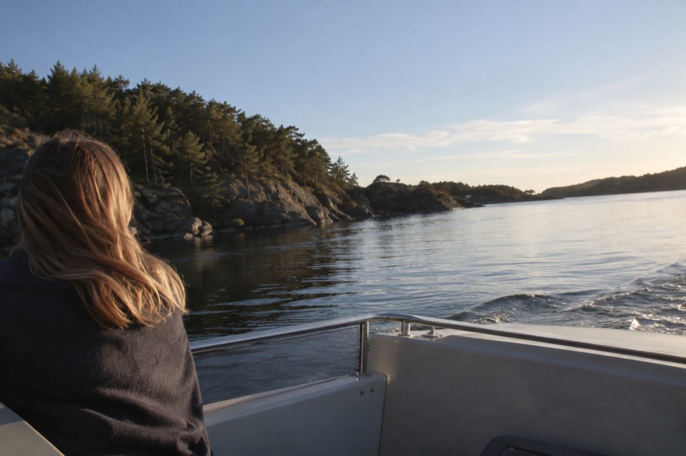 Electric boat cruising on calm fjord water near forested shores