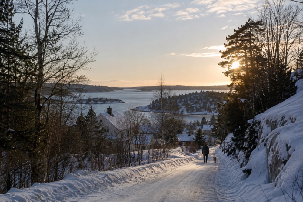 Winter road with snow banks and low light leading through forest