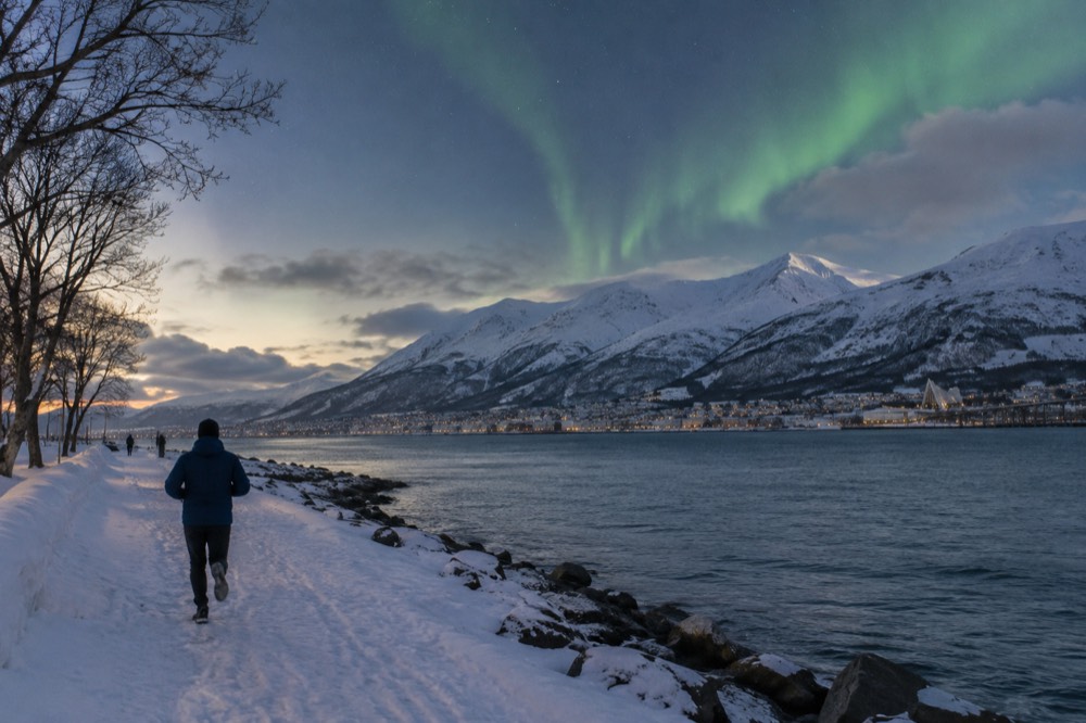 Green aurora over snowy mountains above a coastal town