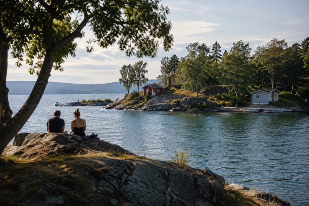 Small painted summer cabins along the rocky shoreline of a green island