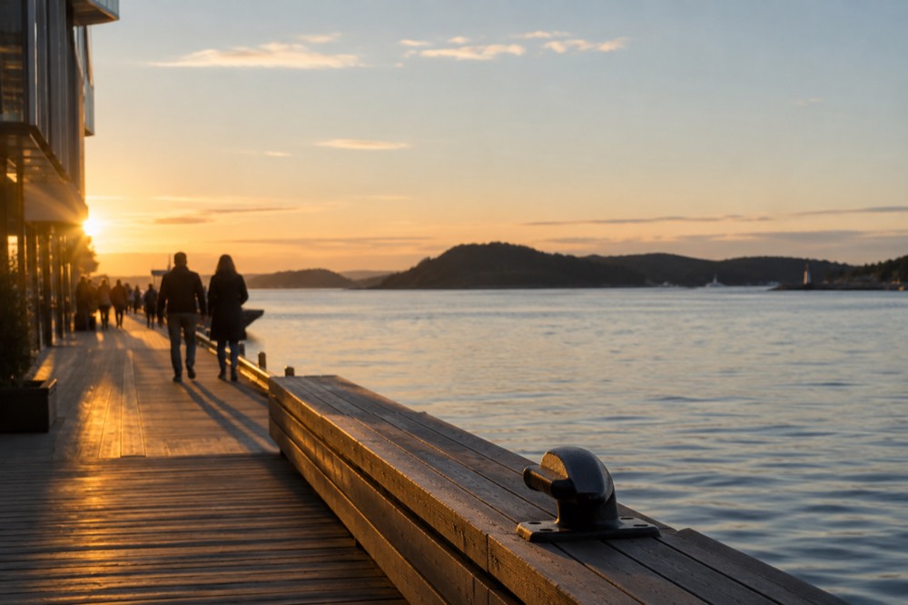 Evening light over calm fjord water with islands in silhouette