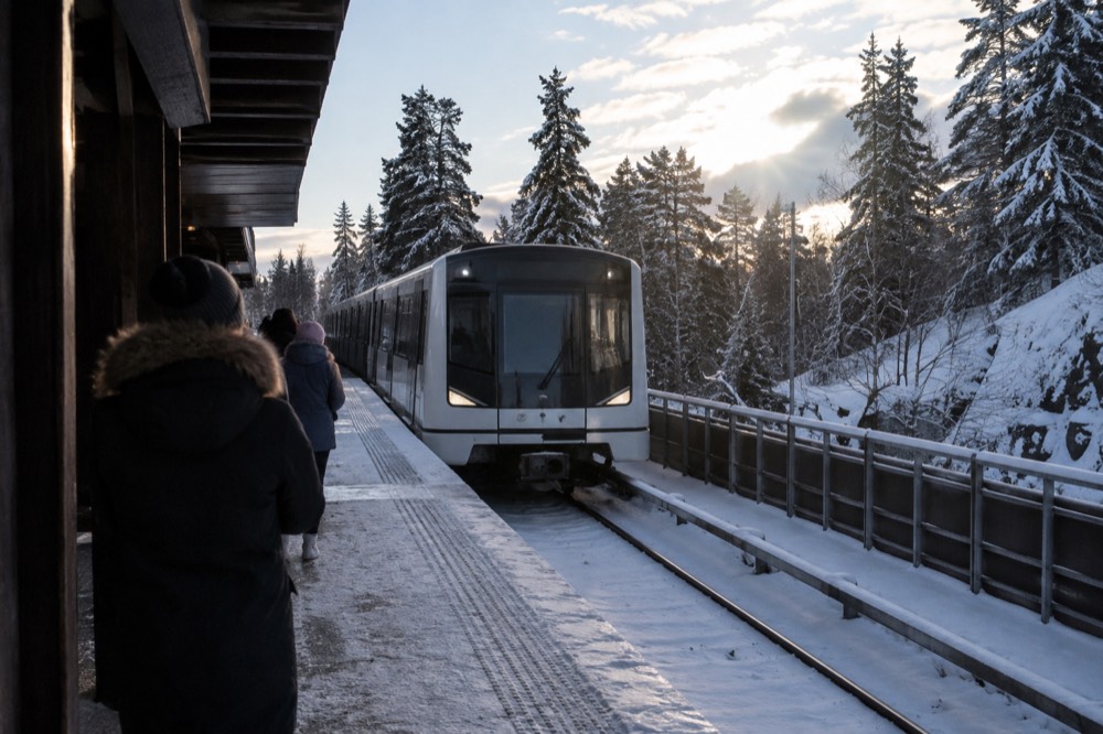Metro train arriving at a snow-covered mountain station platform