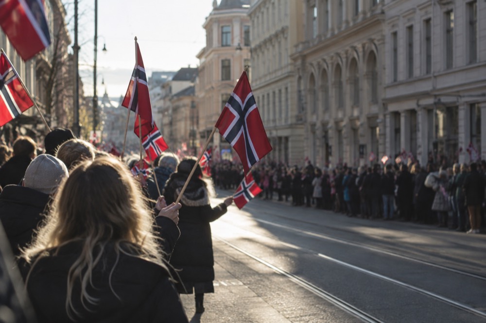 Crowds waving Norwegian flags along a city street lined with classical buildings