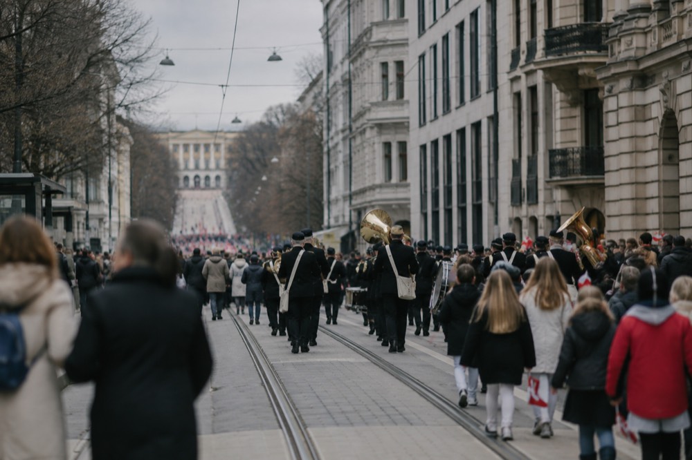 A procession of schoolchildren with flags and a marching band on a wide city boulevard