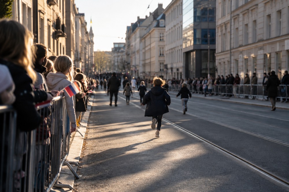 Children with small Norwegian flags waiting beside a parade barrier