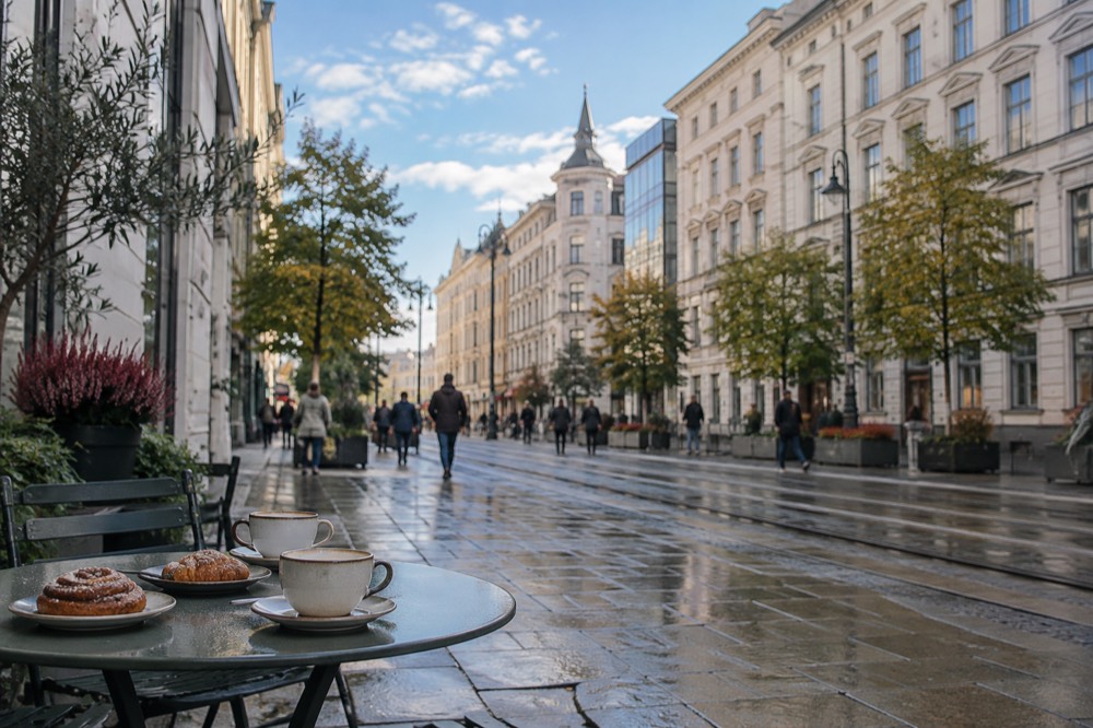 An outdoor table with coffee cups and pastries beside a flag-decorated street