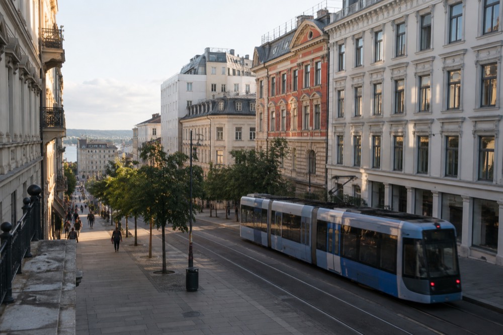 A tram passing decorated buildings on a wide Oslo street