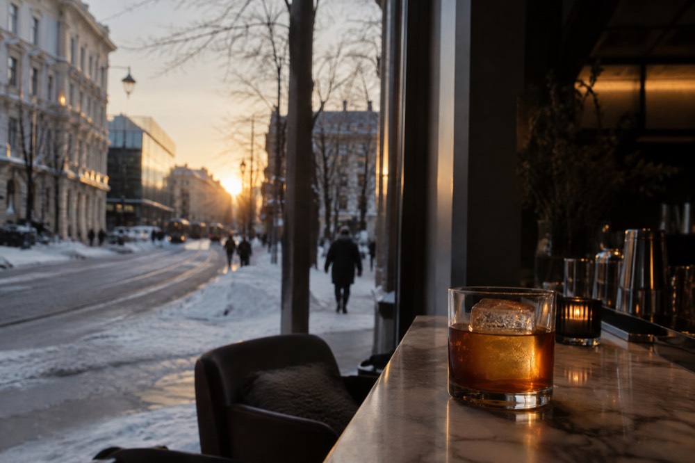 A cocktail with a large ice cube on a marble bar counter in low light