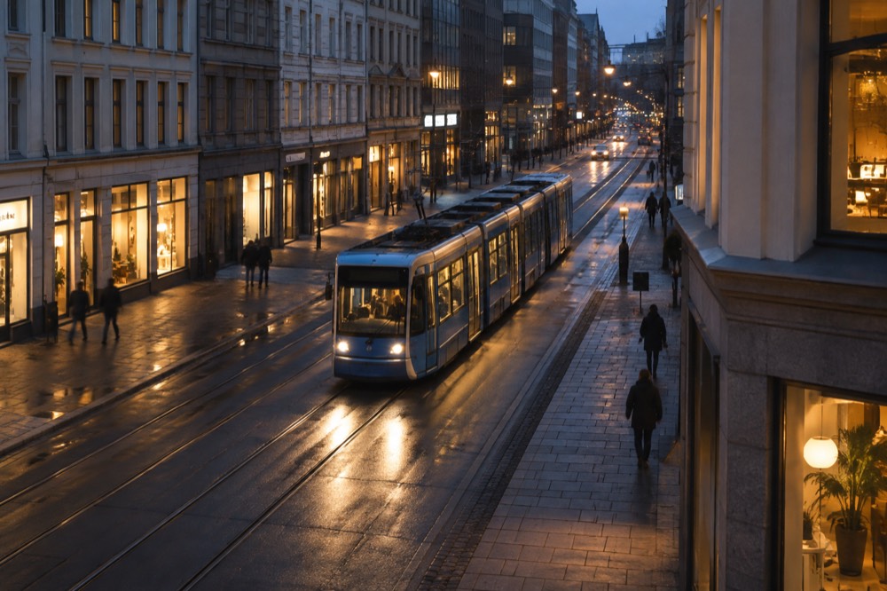 A tram moving down an Oslo street at night with lit shop windows