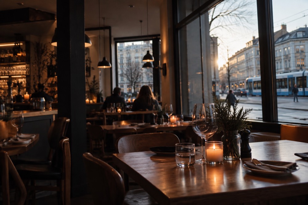 A cozy restaurant interior with wooden tables and pendant lights on a quiet Oslo evening
