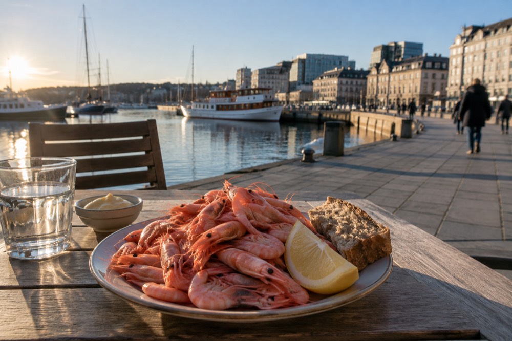 A platter of cold-water shrimp with lemon and bread on a seaside table