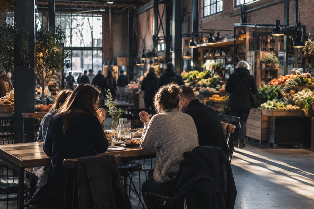 People sharing small plates at a wooden table in a busy Oslo food hall