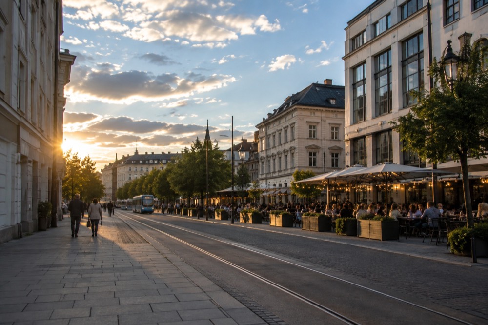 Diners at outdoor terrace tables under string lights on a warm Oslo evening