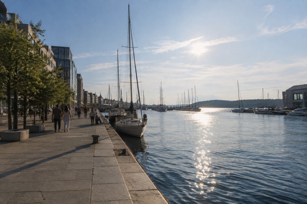 Oslofjord waterfront with moored sailboats under a bright summer sky