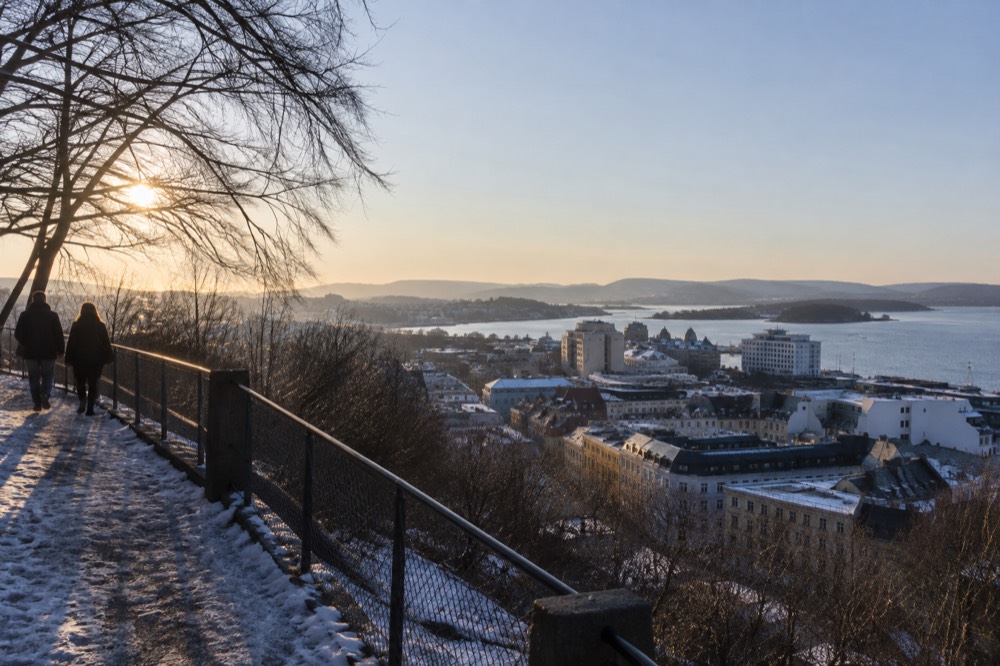 Panorama over Oslo rooftops and the fjord from a hillside viewpoint