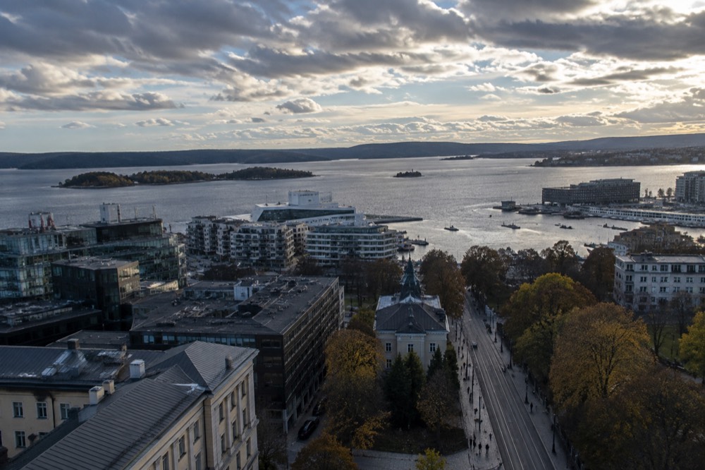View from a high tower over the Oslofjord and city buildings