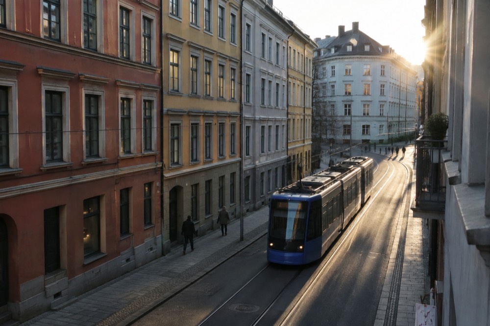 A tram passing colorful Oslo buildings on a narrow city street