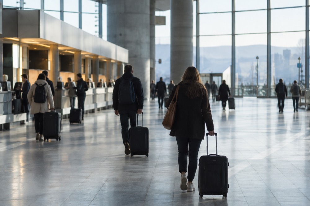 Rental car desks in a bright modern airport hall with travelers wheeling luggage