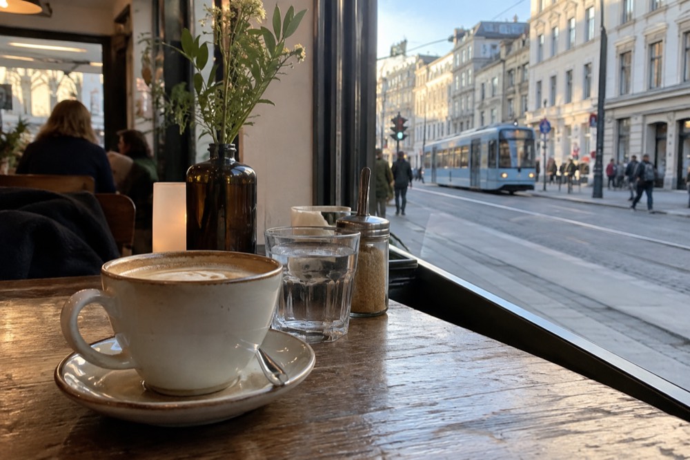 A cozy cafe interior in Oslo with steaming cups and morning light through tall windows
