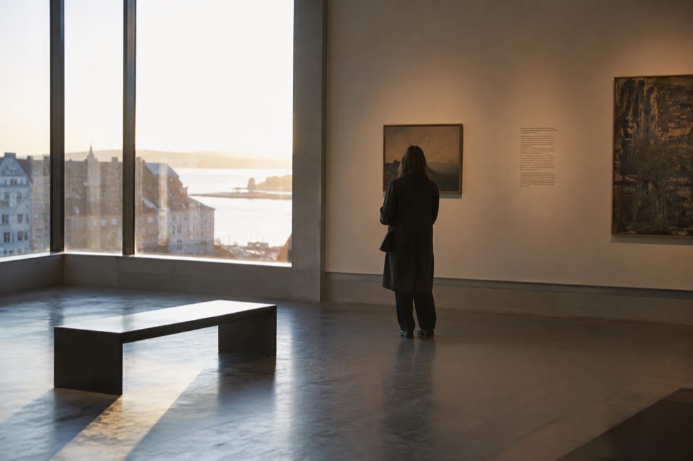 A museum gallery in Oslo with wall text and a visitor reading exhibit labels