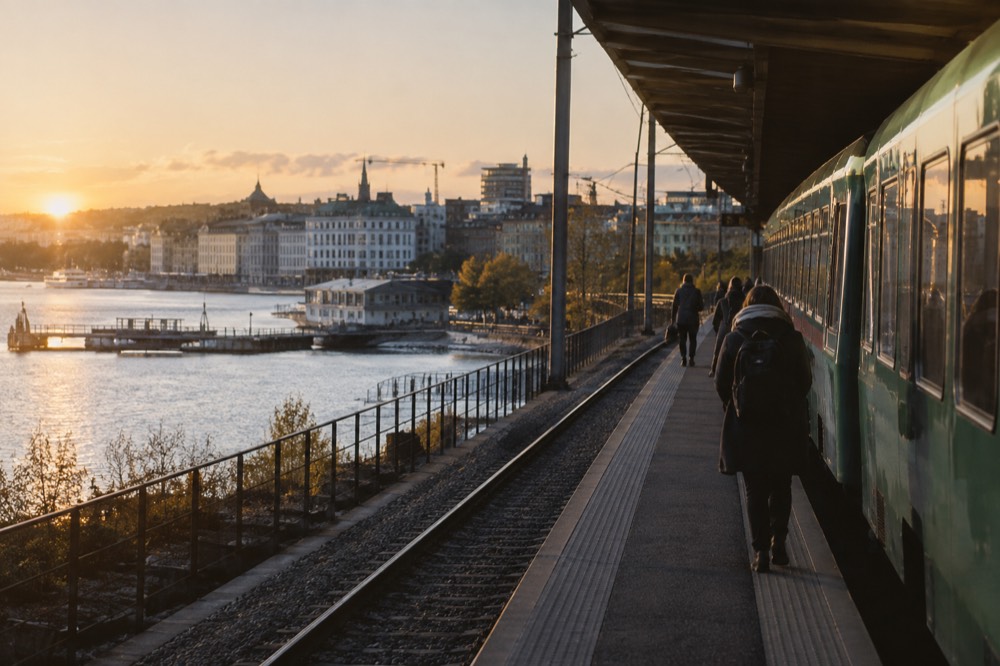 A green regional train at a platform in the Norwegian countryside