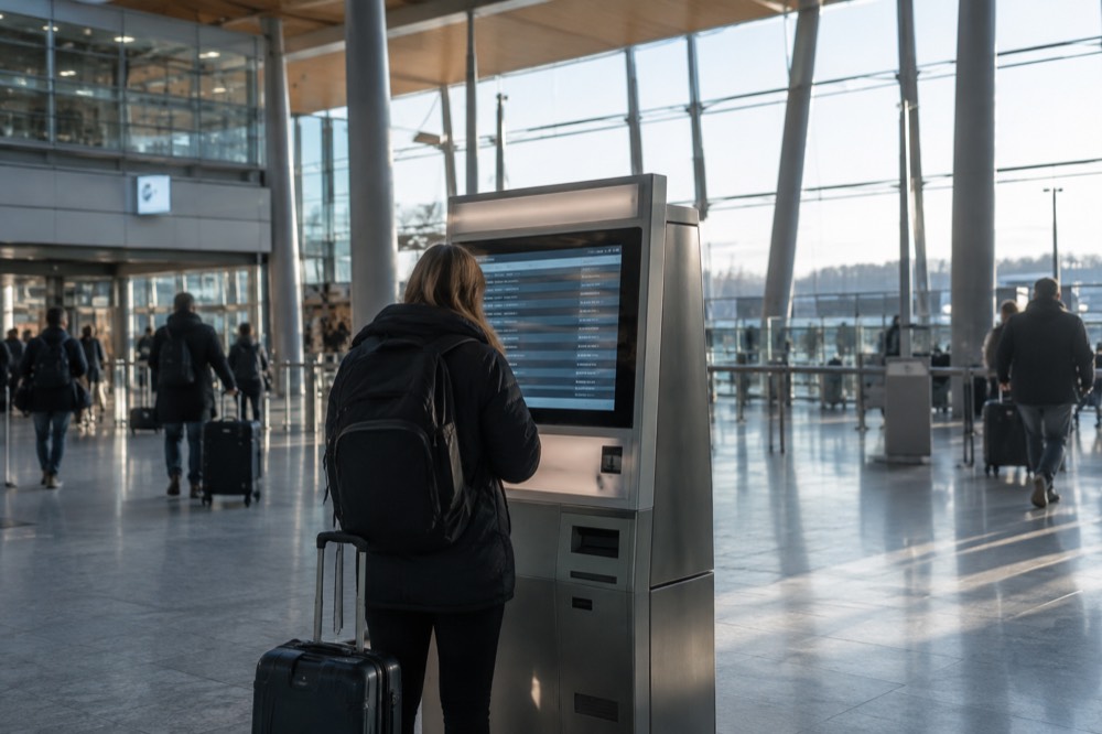 A ticket machine displaying train departure times inside Oslo Airport Gardermoen arrivals hall