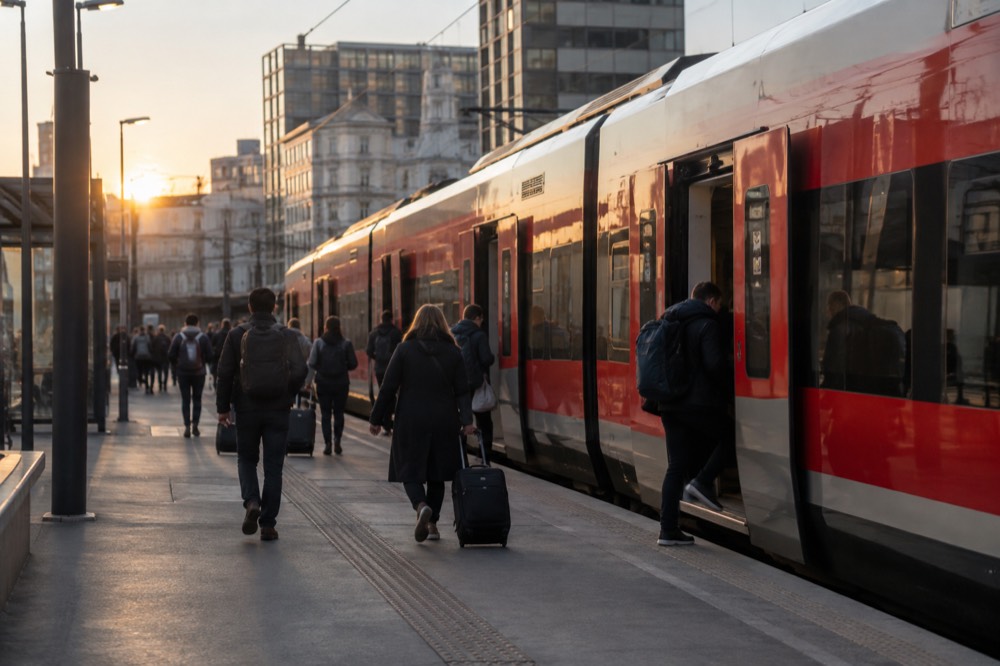 A red regional train waiting at an Oslo platform with passengers boarding through wide doors